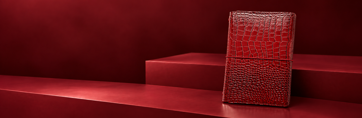 Burgundy/Red Refillable Journal Cover | Croc Vegan (faux) Leather A5 Trifold | 3 inserts, 2 dotted + 1 plain
